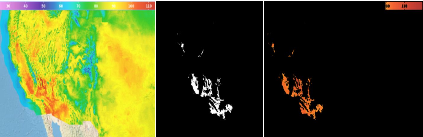 Climate CV steps: western U.S. temperature map, a binary mask of the hottest areas, and those areas isolated in orange