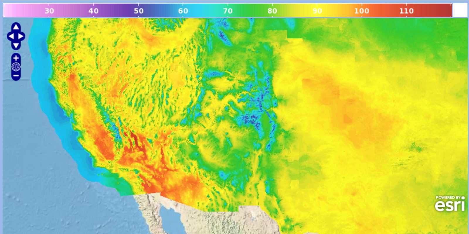 Color-coded temperature map of the western United States, hottest in California's Central Valley and southern deserts