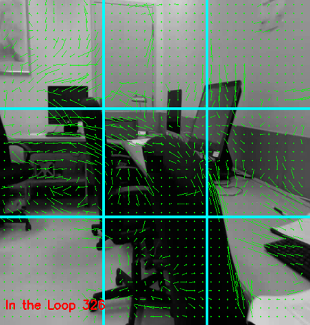 Grayscale office view overlaid with green optical-flow vectors and a 3x3 grid for drone obstacle avoidance